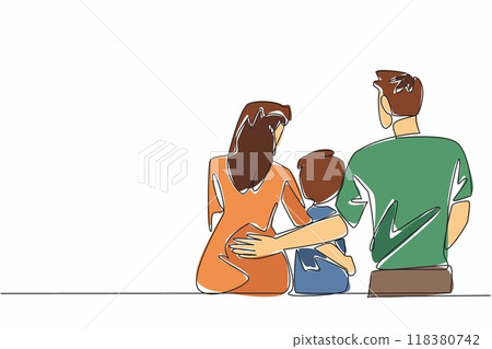 Continuous one line drawing father and mother sit and embrace boy. Loving without ceasing. Giving the affection needed. Harmonious. Forgive Mom and Dad Day. Single line draw design vector illustration 118380742