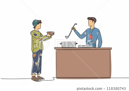 Continuous one line drawing a man gives food to an old grandfather. Inappropriate clothing. Doing social work. Lightening the burden. World Social Work Day. Single line draw design vector illustration 118380743