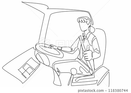 Continuous one line drawing female bus driver giving thumbs up gesture. Transit at the rest area is over. Time to go again. Transit Driver Appreciation Day. Single line draw design vector illustration 118380744