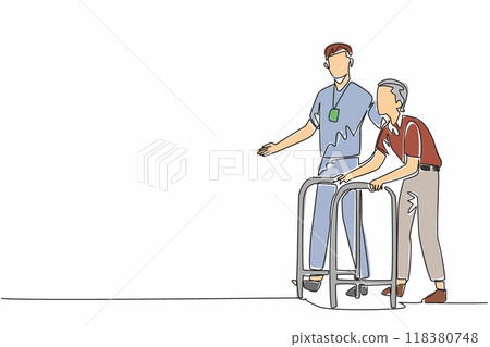 Continuous one line drawing male volunteers help old grandfather walk with walker. Gives encouragement to recover quickly. Caring. World Social Work Day. Single line draw design vector illustration Continuous one line drawing male volunteers help old grandfather walk with walker. Gives encouragement to recover quickly. Caring. World Social Work Day. Single line draw design vector illustration 118380748