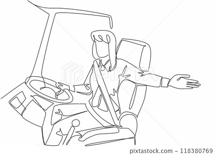 Single one line drawing the female driver kindly made a welcoming gesture. Please take a seat. The journey will begin soon. Transit Driver Appreciation Day. Continuous line design graphic illustration Single one line drawing the female driver kindly made a welcoming gesture. Please take a seat. The journey will begin soon. Transit Driver Appreciation Day. Continuous line design graphic illustration 118380769