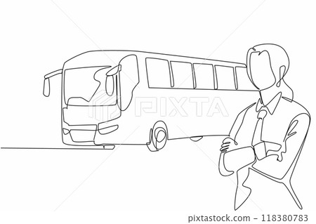 Single one line drawing female driver pose with arms cross on chest. Waiting for everyone to return to the bus. Rest area. Transit Driver Appreciation Day. Continuous line design graphic illustration 118380783