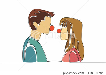 Single continuous line drawing husband and wife look at each other with round red nose. Comfort and strengthen each other. Acting like a clown. Funny. Red Nose Day. One line design vector illustration Single continuous line drawing husband and wife look at each other with round red nose. Comfort and strengthen each other. Acting like a clown. Funny. Red Nose Day. One line design vector illustration 118380784