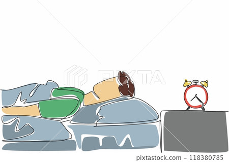 Single one line drawing man sleeping with blanket next to alarm clock. Sleep deeply. Rest soundly. Dreaming. Alarm ringing as a reminder. World Sleep Day. Continuous line design graphic illustration Single one line drawing man sleeping with blanket next to alarm clock. Sleep deeply. Rest soundly. Dreaming. Alarm ringing as a reminder. World Sleep Day. Continuous line design graphic illustration 118380785