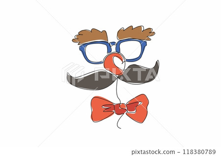 Continuous one line drawing thick eyebrows and moustache, glasses, round red nose and bow tie. Equipment to become an entertaining clown. Red Nose Day. Single line draw design vector illustration Continuous one line drawing thick eyebrows and moustache, glasses, round red nose and bow tie. Equipment to become an entertaining clown. Red Nose Day. Single line draw design vector illustration 118380789