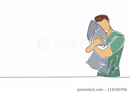 Single continuous line drawing a man hugging a pillow. Feeling very sleepy. Move to the bedroom and continue sleeping. Wishing the sweet dream. World Sleep Day. One line design vector illustration Single continuous line drawing a man hugging a pillow. Feeling very sleepy. Move to the bedroom and continue sleeping. Wishing the sweet dream. World Sleep Day. One line design vector illustration 118380790