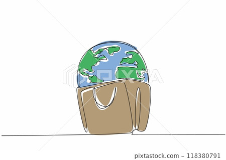 Single continuous line drawing globe in shopping bag. Hobby shopping but still paying attention to the environment by not using plastic. World Consumer Rights Day. One line design vector illustration Single continuous line drawing globe in shopping bag. Hobby shopping but still paying attention to the environment by not using plastic. World Consumer Rights Day. One line design vector illustration 118380791