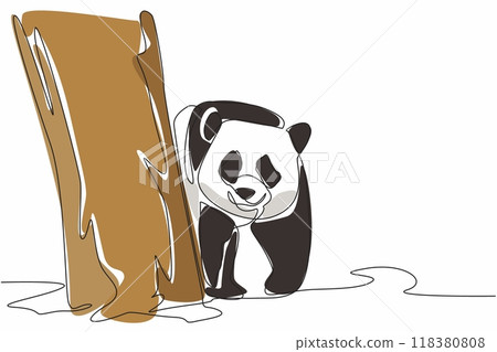 Single one line drawing panda moves and appears from behind a tree. Threatened with loss of natural habitat. Effects of global warming. National Panda Day. Continuous line design graphic illustration Single one line drawing panda moves and appears from behind a tree. Threatened with loss of natural habitat. Effects of global warming. National Panda Day. Continuous line design graphic illustration 118380808
