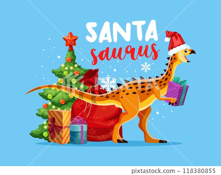 Christmas dinosaur or Santasaurus dino Santa with gifts for holiday greetings, cartoon vector. Funny Jurassic dino lizard or happy dinosaur with giftbox and Christmas tree with winter decorations Christmas dinosaur or Santasaurus dino Santa with gifts for holiday greetings, cartoon vector. Funny Jurassic dino lizard or happy dinosaur with giftbox and Christmas tree with winter decorations 118380855