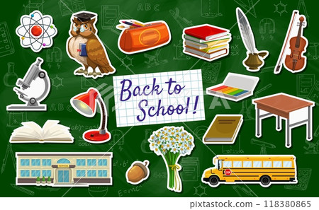 Stickers pack of school education stationery and student supplies, vector icons. Back to school stickers of school bus, microscope and book or textbook with stationery and violin on chalkboard 118380865