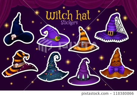 Halloween witch hat stickers pack for horror night holiday, vector cartoon icons. Halloween stickers of witch hats with spooky decorations of skull buckle and star, hat with monster face and spiderweb 118380866