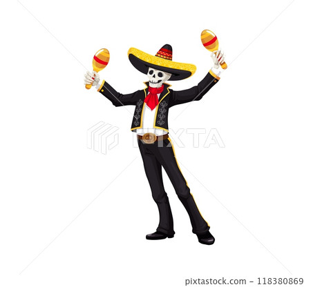 Cartoon mexican day of the dead dia de los muertos mariachi musician character. Skeleton dressed in traditional attire plays maracas, symbolizing Mexican culture, festive cultural event celebration 118380869