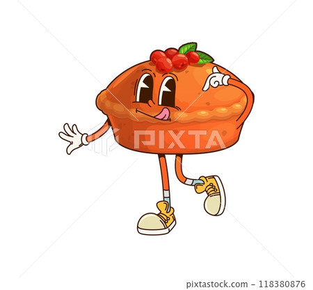 Cartoon groovy thanksgiving pie character exuding funky vibes. Cheerful pastry personage with a licking tongue, sporting sneakers and a berry topping, bringing a playful retro twist to festive holiday Cartoon groovy thanksgiving pie character exuding funky vibes. Cheerful pastry personage with a licking tongue, sporting sneakers and a berry topping, bringing a playful retro twist to festive holiday 118380876