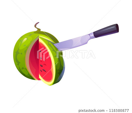 Knife precisely slicing a ripe watermelon with red juicy, fresh flesh, dotted with seeds. Isolated cartoon vector summer fruit exudes freshness. Culinary ingredient for thirst-quenching satisfaction Knife precisely slicing a ripe watermelon with red juicy, fresh flesh, dotted with seeds. Isolated cartoon vector summer fruit exudes freshness. Culinary ingredient for thirst-quenching satisfaction 118380877