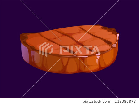 Cartoon meat steak. Isolated vector juicy, grilled steak with sear marks, showcasing its tender texture and rich, savory appeal. Roasted brown slice of beef, barbecue meal, beefsteak or sirloin fillet 118380878