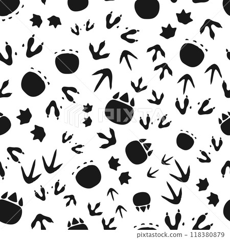 Dinosaur footprints seamless pattern background. Vector black and white playful tile for kids. Monochrome prehistoric ornament, wallpaper or fabric print with funny dino animals paw tail imprints Dinosaur footprints seamless pattern background. Vector black and white playful tile for kids. Monochrome prehistoric ornament, wallpaper or fabric print with funny dino animals paw tail imprints 118380879