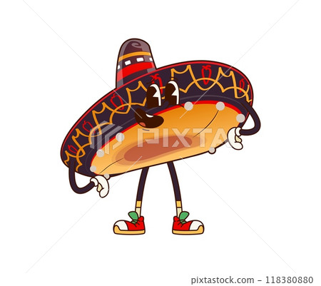 Funny groovy Mexican sombrero hat character. Isolated cartoon vector cheerful, charro cap personage with big smile, wearing sneakers, and standing confidently, symbolizing fun and cultural celebration Funny groovy Mexican sombrero hat character. Isolated cartoon vector cheerful, charro cap personage with big smile, wearing sneakers, and standing confidently, symbolizing fun and cultural celebration 118380880