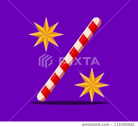 Percent symbol as candy cane with decorative stars. Merry christmas font, xmas alphabet, cartoon winter holiday type, festive typeface. Vector holiday season abc character, percentage sign or glyph 118380882