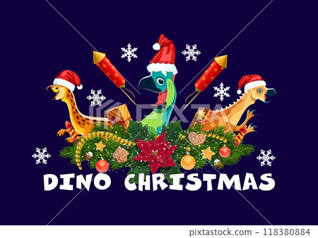 Dino Christmas greetings with funny Santa dinosaurs in wreath for winter holiday, cartoon vector. Happy Jurassic dino lizards and dinosaurs in Santa hats with poinsettia, firecrackers and snowflakes 118380884