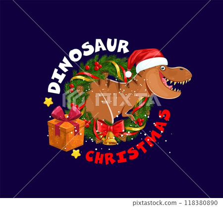 Christmas dinosaur greetings, T-rex in Santa hat with gifts for winter holiday, cartoon vector. Funny T-rex tyrannosaurus as Santa in Christmas tree wreath and pine cones with golden bell and ribbon 118380890