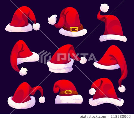 Cartoon Christmas Santa hats for winter holiday or greeting card, vector icons. Different Santa hats red with fur pompom and golden buckle for New Year decoration and Xmas holiday celebration Cartoon Christmas Santa hats for winter holiday or greeting card, vector icons. Different Santa hats red with fur pompom and golden buckle for New Year decoration and Xmas holiday celebration 118380903
