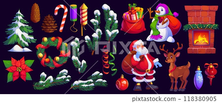 Cartoon Christmas holiday characters and decorations, Santa and snowman with gifts, vector icons. Christmas winter holiday funny cartoon reindeer, tinsel with poinsettia in holly wreath at fireplace 118380905