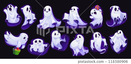 Cartoon Halloween ghost characters, scary spooky vector personages. Horror evil monsters with Helloween trick or treat candy bucket. Cute Halloween night ghosts, phantoms and spirits with lollipop 118380906