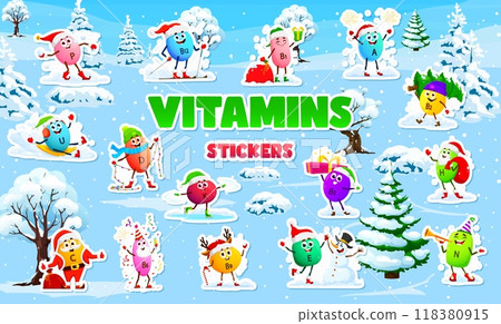 Cartoon vitamin and micronutrient characters stickers pack. Colorful supplement capsules enjoying winter wonderland, and outdoor Christmas holiday activities, emphasizing health, nutrition, and joy Cartoon vitamin and micronutrient characters stickers pack. Colorful supplement capsules enjoying winter wonderland, and outdoor Christmas holiday activities, emphasizing health, nutrition, and joy 118380915