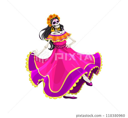 Cartoon Mexican day of the dead dia de los muertos Catrin character. Holiday skeleton woman personage dressed in a colorful dress dancing traditional flamenco, celebrating festive event with joy 118380960