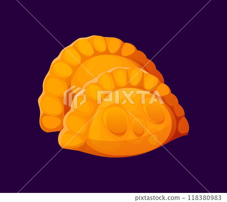 Cartoon Mexican empanadas, two golden, baked doughy empanada pockets with a crimped edge, delicious, crispy texture, filled with meat. Isolated vector traditional tex mex pastry, bakery food 118380983