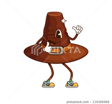 Cartoon groovy Thanksgiving pilgrim hat character exuding joy and retro charm. Isolated vector traditional headwear, brown cap personage convey a sense of celebration and autumnal holiday festivity 118380988