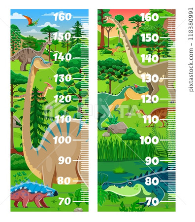 Kids height chart ruler with cartoon dinosaurs in a playful prehistoric landscape. Vector growth meter, wall sticker for children height measurement with funny dino characters and stadiometer scale Kids height chart ruler with cartoon dinosaurs in a playful prehistoric landscape. Vector growth meter, wall sticker for children height measurement with funny dino characters and stadiometer scale 118380991