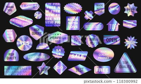 Hologram gradient stickers, y2k iridescent labels. Vector set of holographic patches or tags featuring various shapes and phrases, offer a retro and futuristic aesthetic for promotions and sales 118380992