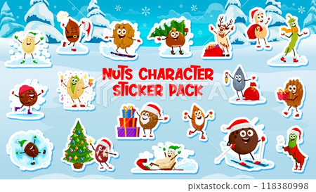 Cartoon Christmas nuts, seeds and beans characters stickers pack. Vector fun festive personages showcase holiday activities, like skiing, decorating, and gift-giving, creating a joyful atmosphere 118380998