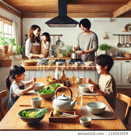 "A warm scene in a Japanese home where the family gathers in the kitchen" 118381059