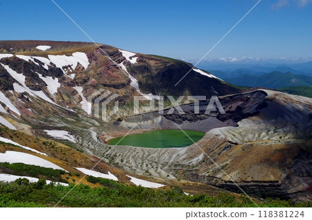 View of the Okama Crater of Zao from the inner sanctuary on the summit of Mt. Katta View of the Okama Crater of Zao from the inner sanctuary on the summit of Mt. Katta 118381224