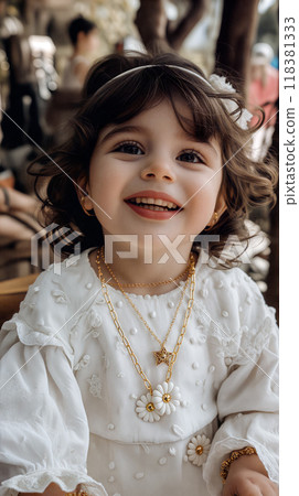 A cheerful young girl with curly hair smiles brightly while wearing a white dress and elegant jewelry at a sunny outdoor gathering 118381333
