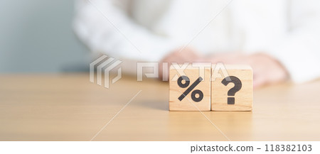 wood block of Question mark and Percentage. Interest rate, GDP, stocks market, financial, deflation and Inflation, ranking, mortgage, debt, Loan and Economic Recession 118382103