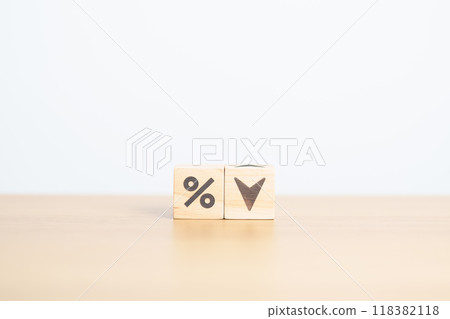 wood block of percentage change to UP and Down arrow. Interest rate, GDP, stocks market, financial, deflation and Inflation, ranking, mortgage, debt, Loan and Economic Recession concept wood block of percentage change to UP and Down arrow. Interest rate, GDP, stocks market, financial, deflation and Inflation, ranking, mortgage, debt, Loan and Economic Recession concept 118382118