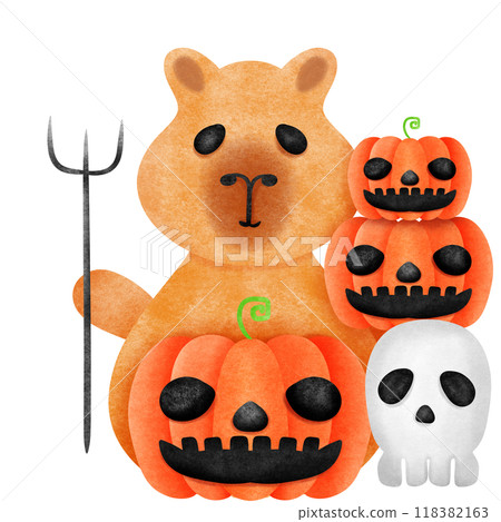 Capybara cartoon bear holding a pitchfork and pumpkin Capybara cartoon bear holding a pitchfork and pumpkin 118382163