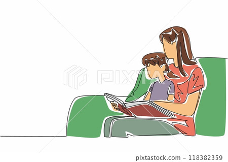 Continuous one line drawing daughter sits on the lap of her mother who sits on the sofa. Pampering children by reading. Story. International Read to Me Day. Single line draw design vector illustration 118382359