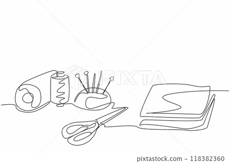 Single one line drawing a table fill with manual sewing tools. Piece of cloth, scissors and rolls of thread. Making crafts. Creation. National Quilting Day. Continuous line design graphic illustration 118382360