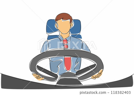 Single continuous line drawing male driver focus on holding bus steering wheel. Be safe and secure when driving. Focus on the road. Transit Driver Appreciation Day. One line design vector illustration 118382403