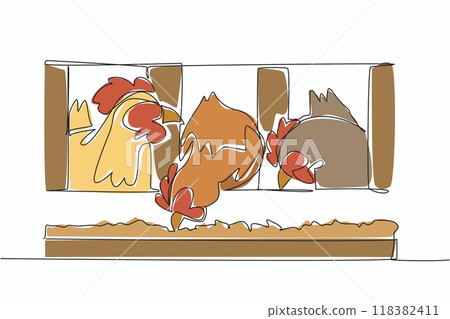 Single one line drawing three chickens are in the cage. High quality animal feed. Laying hens. Ready to harvest the results. Eggs. National Poultry Day. Continuous line design graphic illustration 118382411