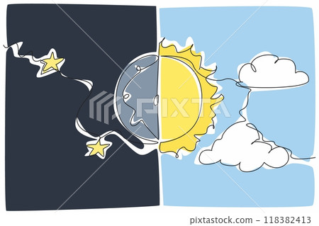 Single continuous line drawing half sun and half moon. Day and night have the same time. The duration of each is 12 hours. Astronomical phenomena. Spring Equinox. One line design vector illustration 118382413
