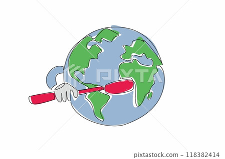 Single one line drawing globe is brushing his teeth. Campaign for dental health throughout the world. Brush diligently to keep clean. World Oral Health Day. Continuous line design graphic illustration 118382414