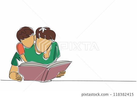 Single one line drawing a boy hugging his father from behind who is reading a book. Expressive. Expression of deep gratitude. International Read to Me Day. Continuous line design graphic illustration 118382415