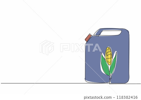 Continuous one line drawing the jerrican with corn image. Green energy. New and renewable energy. Will not damage the ecosystem. National Biodiesel Day. Single line draw design vector illustration Continuous one line drawing the jerrican with corn image. Green energy. New and renewable energy. Will not damage the ecosystem. National Biodiesel Day. Single line draw design vector illustration 118382416
