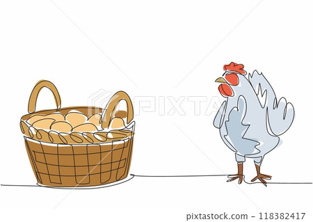 Continuous one line drawing mother hen standing side by side with basket filled with chicken eggs. Harvest. Best quality laying hens. National Poultry Day. Single line draw design vector illustration 118382417