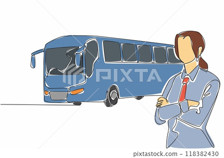 Single one line drawing female driver pose with arms cross on chest. Waiting for everyone to return to the bus. Rest area. Transit Driver Appreciation Day. Continuous line design graphic illustration 118382430